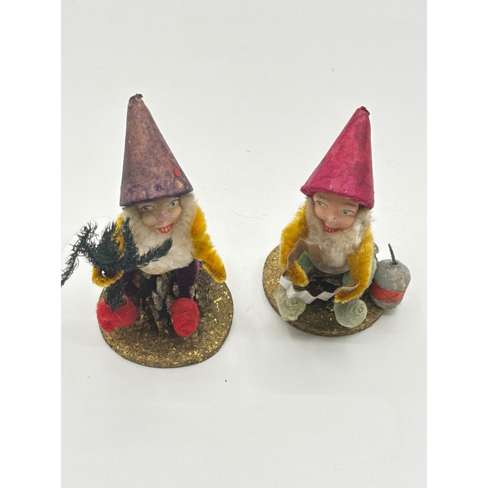 Vintage Japan Christmas Elf Pinecone Chenille Gnomes Set of 2 Mid Century Decor